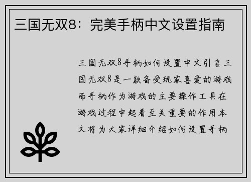 三国无双8：完美手柄中文设置指南